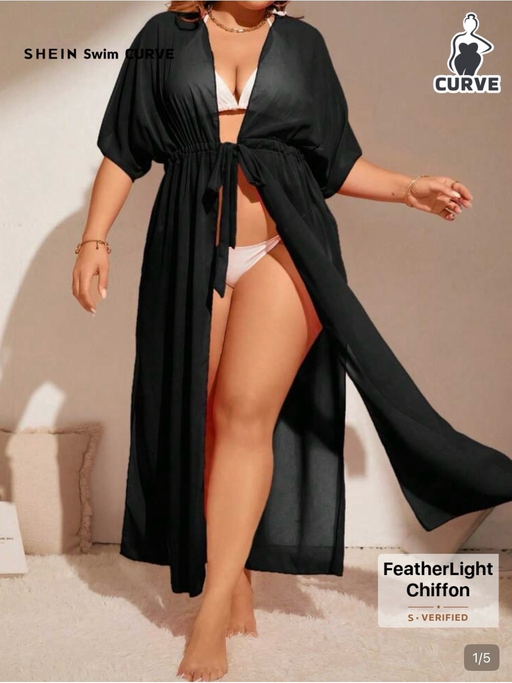 SHEIN Black Long Chiffon Swim Cover-Up with Tie Waist